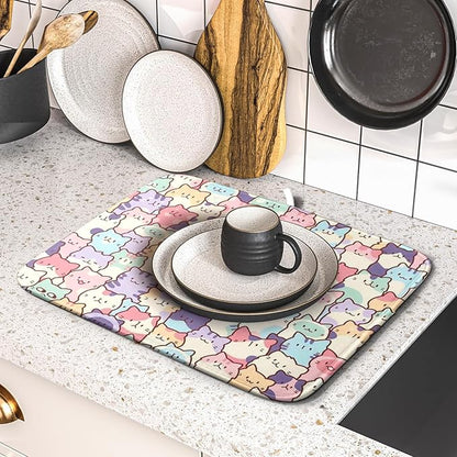 Colorful Cats Dish Drying Mat 16x18 inch Cute Animal Microfiber Reversible Fast