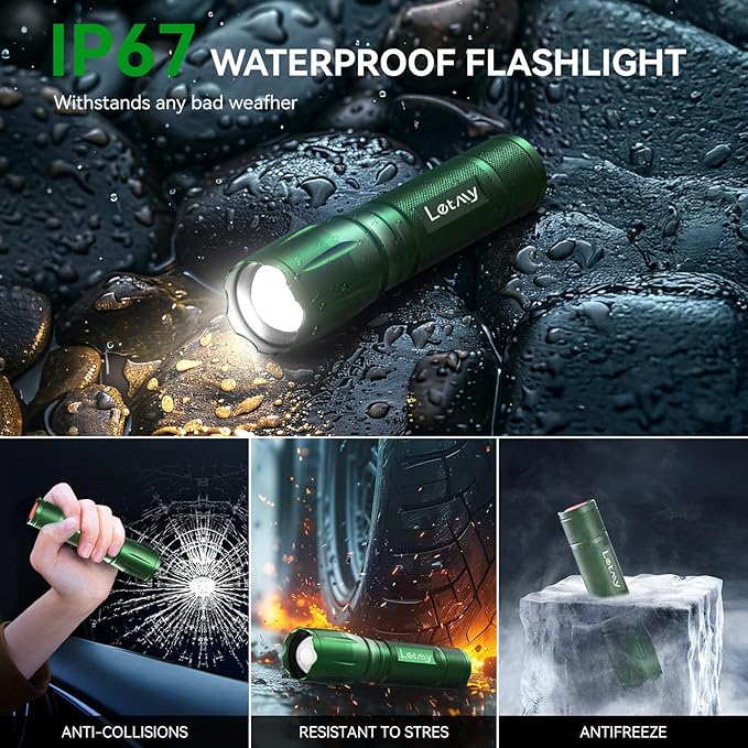 LETMY Tactical Flashlight - 2 Pack Bright Military Grade LED Flashlights High Lumens - Portable Handheld Flash Light, 5 Modes Zoomable Waterproof Flashlights for Home Emergency Camping- Green