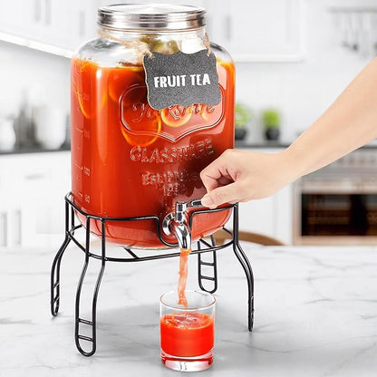 2 Gallon Large Glass Drink Dispenser Set, Beverage Dispensers
