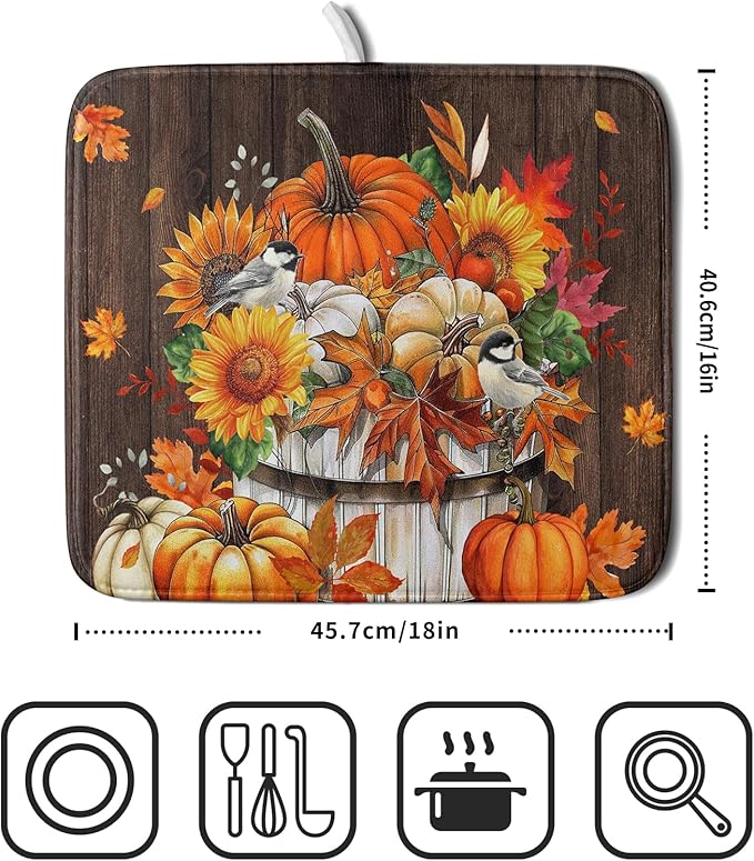 Fall Pumpkin Dish Drying Mat for Kitchen Counter Decor 16x18 Inch Halloween