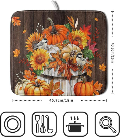 Fall Pumpkin Dish Drying Mat for Kitchen Counter Decor 16x18 Inch Halloween