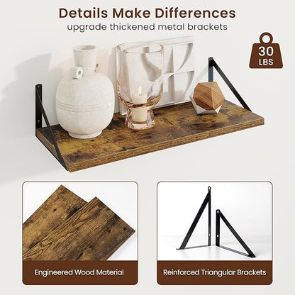 Axeman Deep Floating Shelves | 24 Inch Brown Wall Shelves Set of 2 | 10 Inch