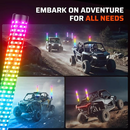 Ehaho 2PCS 4FT Fat Whip Lights for UTV ATV, Led Fatty Whip Light W/Rocker Switch & 6 Flags, Brighter Spiral Chasing Lighted Antenna Whip with APP & Remote Control for RZR SXS