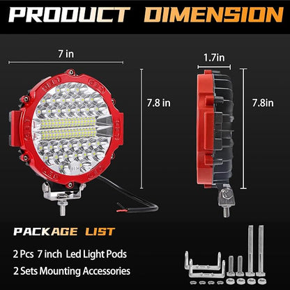 7 Inch Round LED Offroad Driving Lights for Trucks, 201W 12000lm LED Light Pods, Off Road Fog Lights Work Lights for Tractor Snowmobile Golf Cart ATV UTV RV Plower, 4 Pack with Wiring Harness, Red