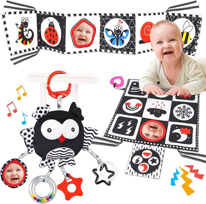 KUANGO Black and White High Contrast Baby Toys 0-6 Months with Mirror, Crinkle and Rattles, Soft Baby Toys for Brain Development Montessori Sensory Tummy Time Newborn Infant for 0 3 6 9 Months Old