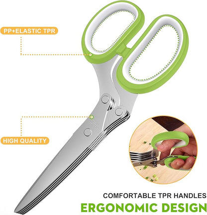Herb Scissors Set - Updated 2025 Cool Kitchen Gadgets for Cutting Fresh Garden Herbs - Herb Cutter Shears with 5 Blades and Cover, Sharp and Anti-rust Stainless Steel, Dishwasher Safe (Green-White)