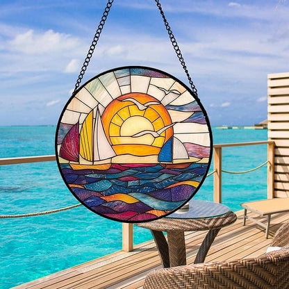 DASTOLL Stained Glass Window Hanging, Sailboat and Waves Suncatcher Diamond
