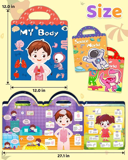 Benresive Reusable Sticker Books for Kids 2-4, Sticker Books for Toddlers 1-3 2-4, Toddler Travel Toys Activities Crafts Gifts - Dinosaurs, Space and Body