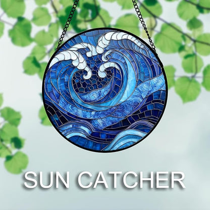 DASTOLL Stained Glass Window Hanging 4 Pcs Set Blue Ocean Waves Large 11.8"