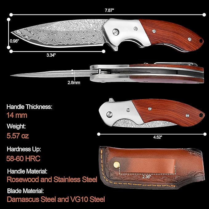 KOMWERO Damascus Pocket Knife, Sharp Damascus Steel Knife with Core VG10 Steel Blade Wood Handle, Folding Knife with Clip for Men Hunting, 60 HRC
