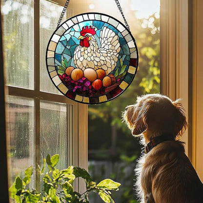 DASTOLL Stained Glass Window Hanging White Chicken Hatching Eggs Large 15"