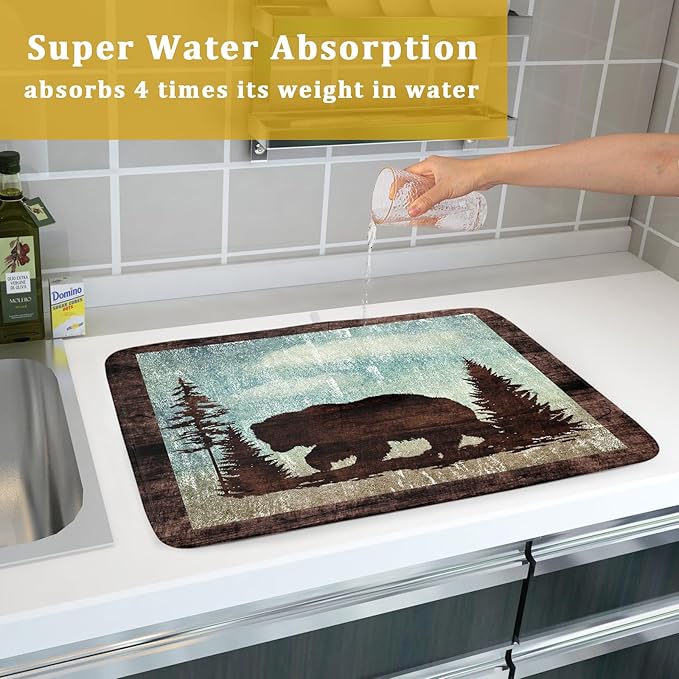 Giwawa Retro Brown Bear Forest Cabin Dish Drying Mat Countertop 18x24 Fall Blue
