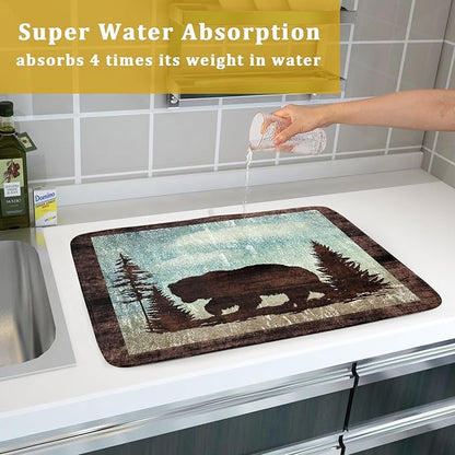Giwawa Retro Brown Bear Forest Cabin Dish Drying Mat Countertop 18x24 Fall Blue