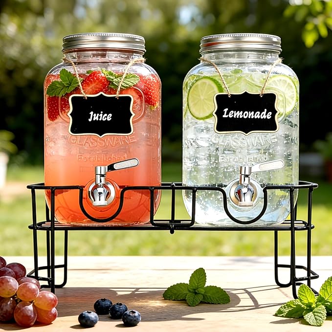 1 Gallon Glass Beverage Dispenser, 2 Pack Glass Drink Dispensers