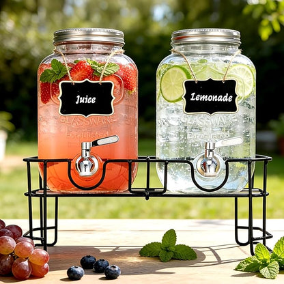 1 Gallon Glass Beverage Dispenser, 2 Pack Glass Drink Dispensers
