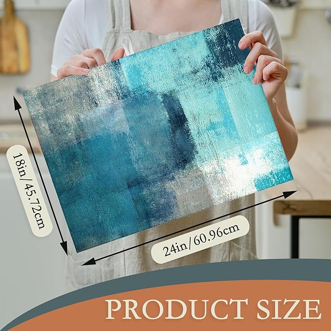 Teal Grey Abstract Art Dish Drying Mat, Drying Rack Pad Countertop Dishes Ultra