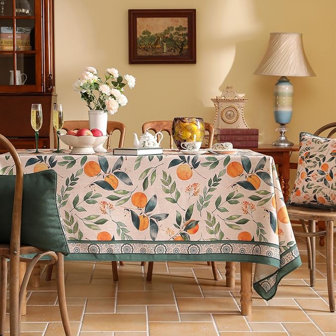 patdrea Designer Vintage Linen Rectangle Extra Long Table Cloth,Framhouse Oranges and Leaves Pattern French Tablecloth,Decor Cover for Kitchen Dining Christmas,Thanksgiving,63"x110"-Palladin a