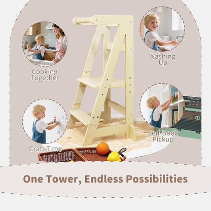 Damoch Family® Adjustable Wooden Learning Helper and Kitchen Tower for Kids - Montessori-Inspired Toddler Tower and Stool for Safe Participation in Kitchen Activities
