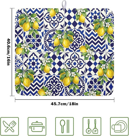 Lemon and Blue Tile Dish Drying Mat 16x18 Inch Absorbent Reversible Mexican