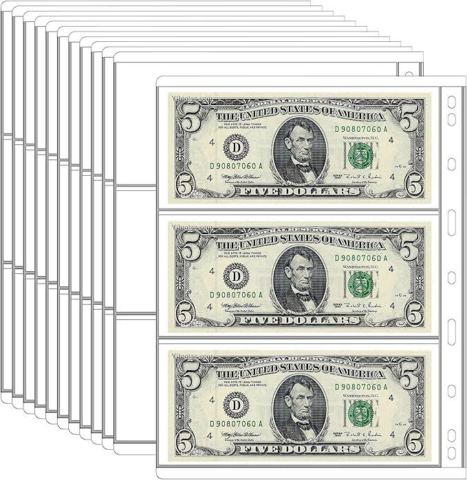 12 Sheets Paper Money Collection Supplies Pages, Currency Collecting Book Album Sleeves, 36 Pocket Money Stamp Page Holders for Standard 9-Hole Coin Collector Binder, 3 Pockets/Sheet