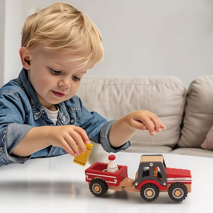 Wooden Tractor Toys for Toddlers 1-3, Baby Vehicle Toys Hand Push Car Toys for 1 2 3 Year Old Boys Girls (Red)