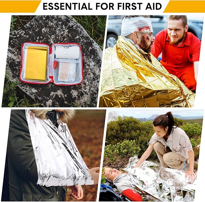 100 Pack Emergency Foil Thermal Blanket Bulk 83 x 55'' Waterproof Space First Aid Survival Blanket for Outdoors, Camping, Hiking, Homeless, First Aid, 50 Pc Silver 50 Pc Gold Silver