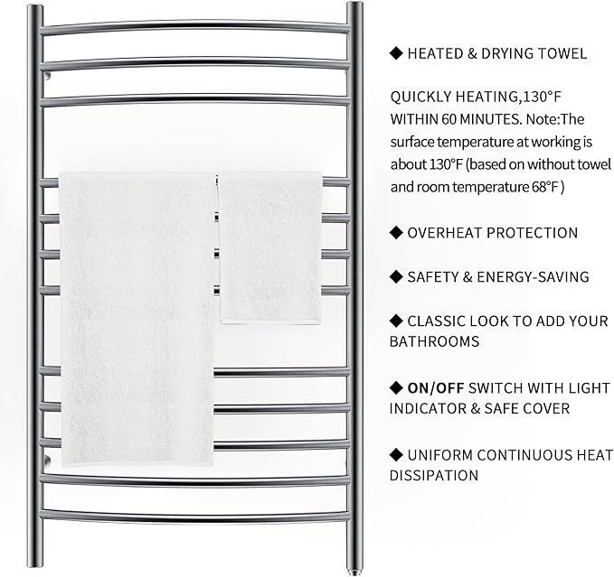 HEATGENE Towel Warmer Wall Mount Electric Plug-in/Hardwired Heated Towel Rack