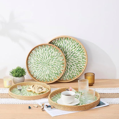Round Rattan Tray with Mother of Pearl Inlay, Rattan Serving Tray with Wooden Base, Decorative Wicker Basket for Table Decor, Storage and Display of Coffee Bread Food Fruit (Leaf 13.5")