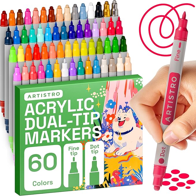 ARTISTRO 60 Acrylic Paint Markers for Rock, Fabric, Wood, Glass, Craft, Decoration - Dual-Tip Paint Pens - Stocking Stuffers, Christmas Gift Idea for Teens, Grandkids, Kids - Art Supplies