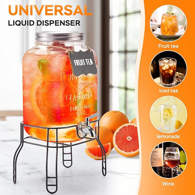 2 Gallon Large Glass Drink Dispenser Set, Beverage Dispensers