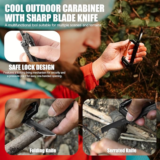 Carabiner Multitool with Pocket Knives, EDC Carabiners, Serrated Knife, Rope Cutter, Screwdriver, Can Bottle Opener, Ruler, Folding Knife for Camping Hiking, Gifts for Men (Orange)