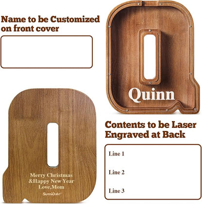 Summidate Customized Name Extra Large Wooden Piggy Bank for Kids Boys Girls Alphabets Letter A-Z Coins Bills Money Change Saving Box Clear Cover (Laser Engraved) Educational Toys 12"- Letter Q
