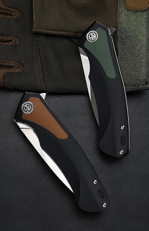 Petrified fish PF838 3.74" D2 steel folding knife outdoor tactical pocket knives G10 handle camping hunting Cutter EDC tool (Green, Stonewash)