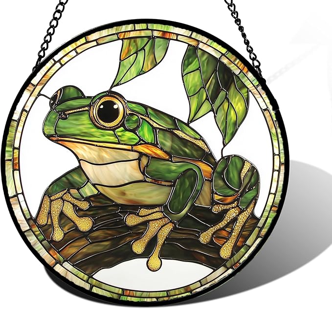 DASTOLL Stained Glass Window Hanging, Frog Green Leaf Sun Catchers Colorful