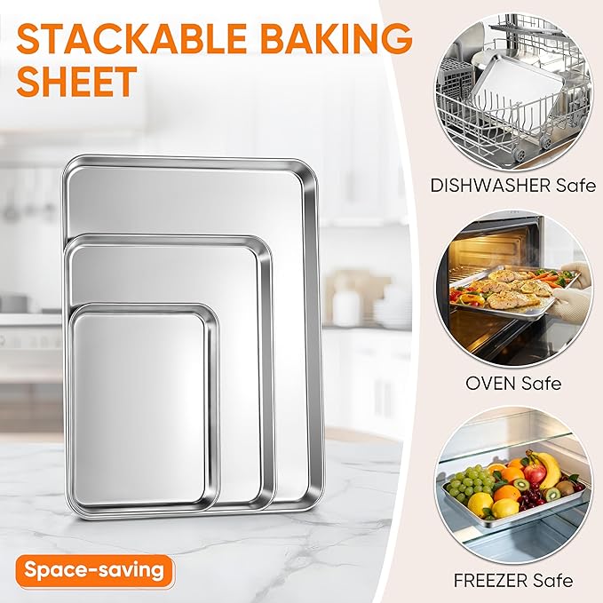 LIANYU 3 Pack Stainless Steel Baking Sheets, Cookie Sheet Pan