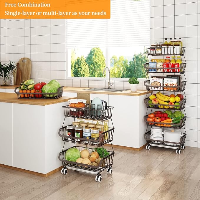 Miyawell Fruit Vegetable Storage Basket for Kitchen - 6 Tier Stackable Metal Wire Baskets Cart with Rolling Wheels Utility Fruits Rack Produce Snack Organizer Bins for Pantry Bathroom Laundry Bronze