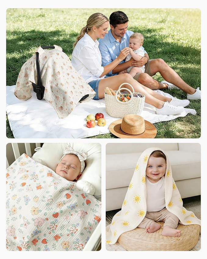 100% Muslin Cotton Car Seat Cover for Baby, Soft Breathable Car Seat Canopy, Universal Infant Carseat Cover Sun Protector, Lightweight Summer Stroller Cover for Boys Girls - Dinosaur