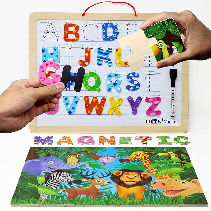 Think2Master Alphabet Whiteboard & Animal Puzzle (PreK, Kindergarten, 1st) for Families, Home School & Classrooms. Learn to Read & Write Size 14.5” x 10.5" (Animal Edition)