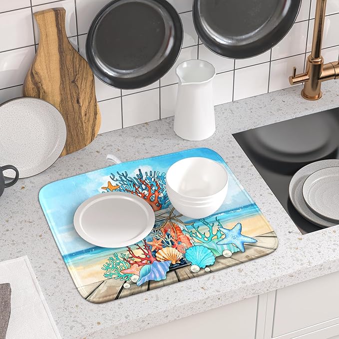 Coastal Coral Dish Drying Mat 16x18 inch Starfish Shell Fast Dry Microfiber