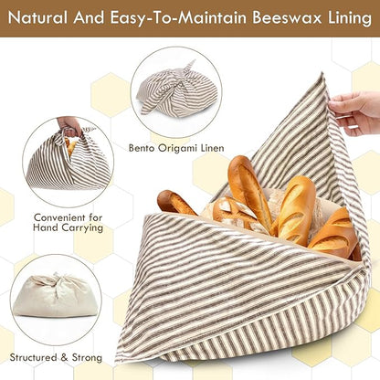 yeload 2 Pack Beeswax Bread Bags, Striped Linen Bento Bags, 14" Cotton Loaf Bag, Reusable Organic Food Storage, Sourdough Bag, Rustic Farmhouse Azuma Bukuro Origami Wrap for Baked Gifts (Caffe, 2)