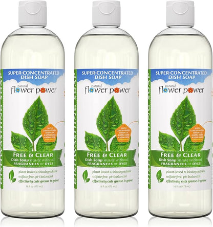 Natural Flower Power Liquid Dish Soap – Free & Clear (Unscented) – Plant-Based & Scented w/ Pure Essential Oils – Natural Dishwashing Detergent – Sulfate-Free Kitchen Soap – Vegan (16 Fl Oz 3 Pack)