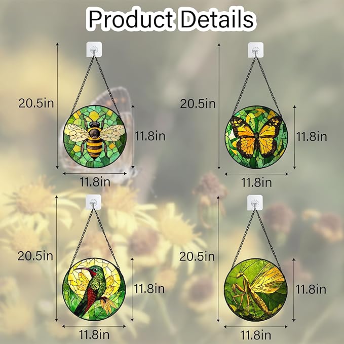 DASTOLL Stained Glass Window Hanging 4 Pcs Set Green Plants Yellow Insect Theme