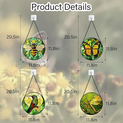 DASTOLL Stained Glass Window Hanging 4 Pcs Set Green Plants Yellow Insect Theme