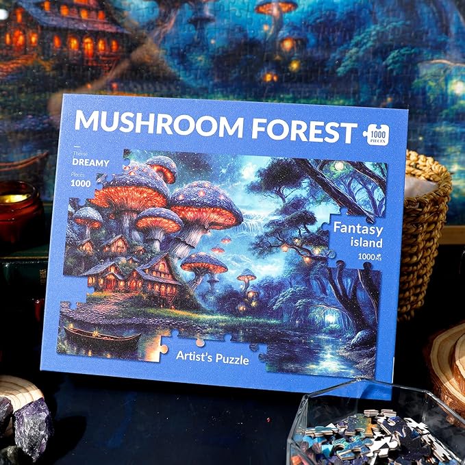 1000 Piece Fantasy Mushroom Forest Sparkling Jigsaw Puzzle for Adults – Glowing Fairy Houses, Enchanted Woods & Magical Waterfall – Dreamlike Whimsical Landscape Puzzle Gift