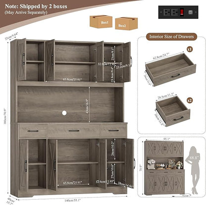 HOSTACK 71" Tall Kitchen Pantry Storage Cabinet with Charging Station, 55" Wide Kitchen Hutch Cabinet with Large Countertop, Farmhouse Food Pantry with Drawers for Living Room, Ash Grey