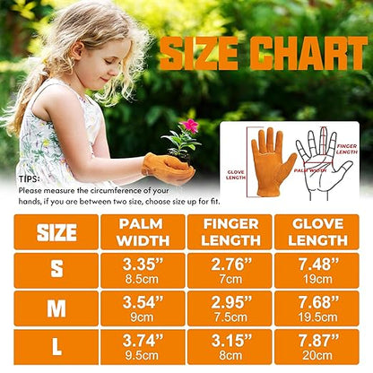 HANDLANDY Kids Genuine Leather Work Gloves for ages 3-11, Children Gardening Gloves for Boys, Girls (Small (for age 2-4), Orange)