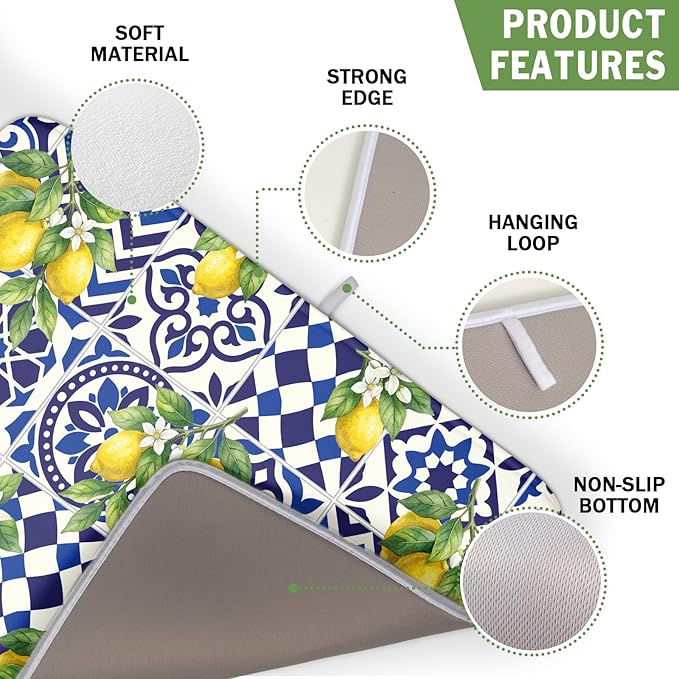 Lemon and Blue Tile Dish Drying Mat 16x18 Inch Absorbent Reversible Mexican