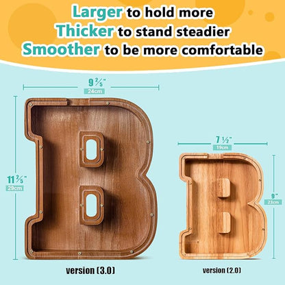 Summidate Large Wooden Piggy Bank for Kids Adults, Alphabets Letter A-Z Piggy Bank for Boys Girls, Coins Bills Change Bank Box Personalized Initial Name Kids Money Bank for Birthday Present and Decor