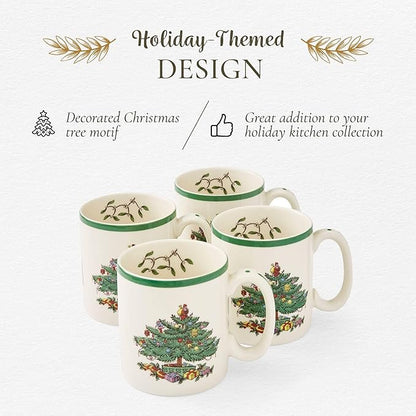 Spode Christmas Tree Mugs Set of 4 – Iconic Tree Pattern, Holiday Beverage Mugs with 9 oz Capacity – Dishwasher Safe, Festive Hot-Drink Cups in Durable Stoneware for Cocoa, Tea & Coffee