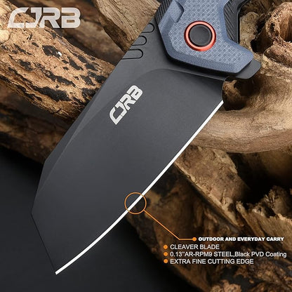 CJRB Tigris Tactical Knife, Pocket Knife with AR-RPM9 Powder Steel Black PVD Blade Black & Blue G10 Handle for EDC Camping Hunting (J1919)